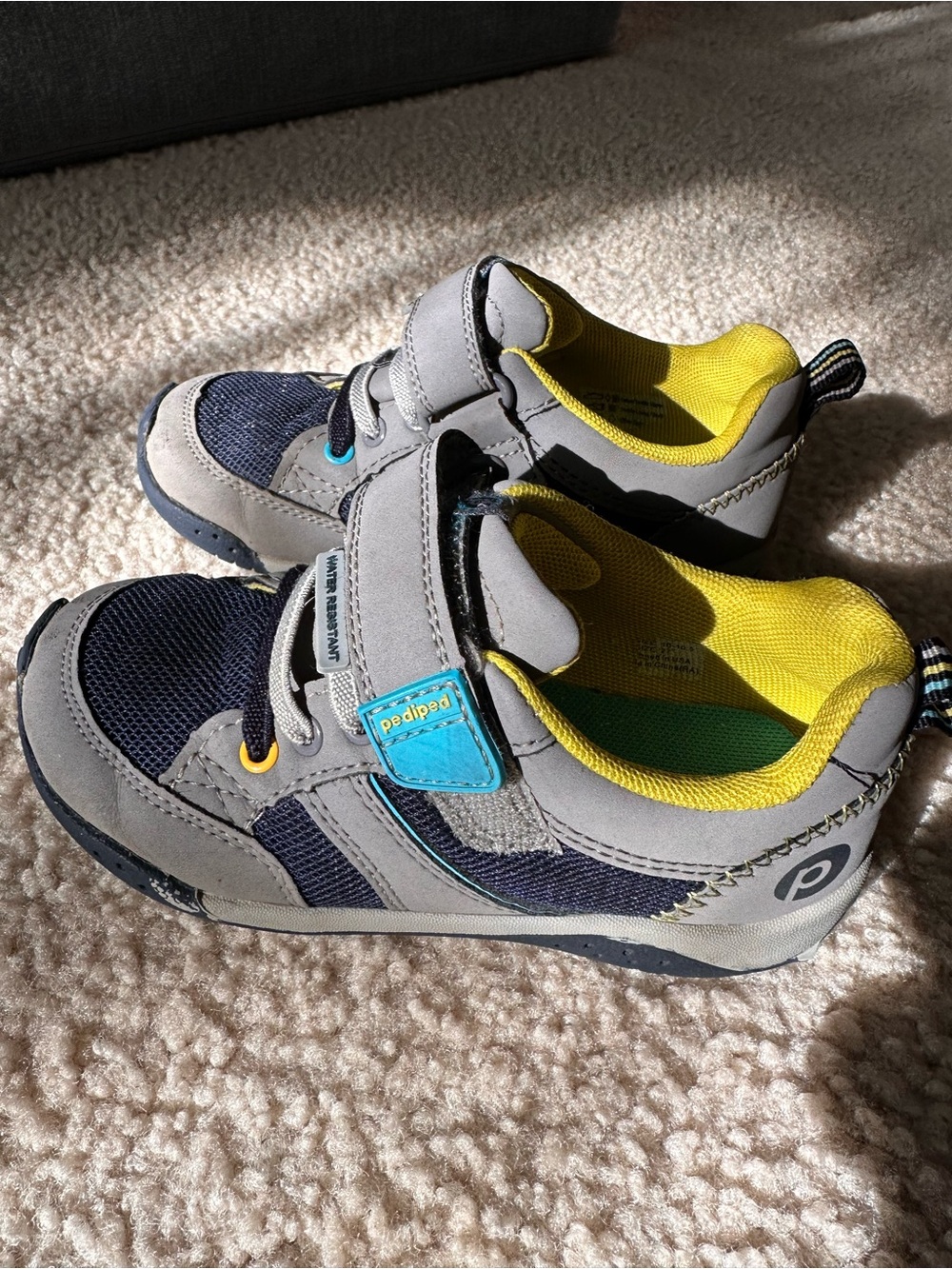 pediped Navy and Gray Sneakers with Yellow Interior and Teal Accent
